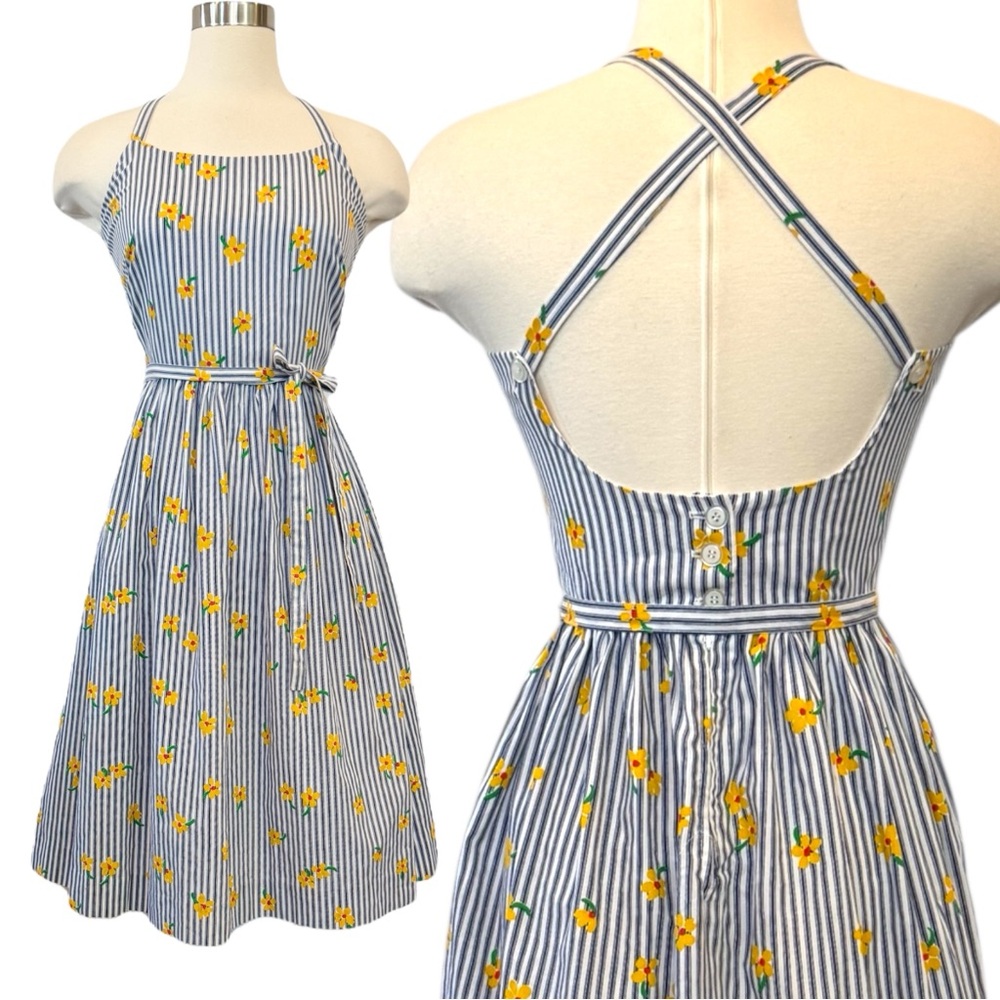 Vintage Serbin Blue Striped Yellow Floral Fit & Flare Pinafore Sundress Dress